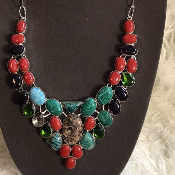 TURTILLA AGATE WITH MALACHITE GEMS NECKLACE SILVER - Picture 6 of 16